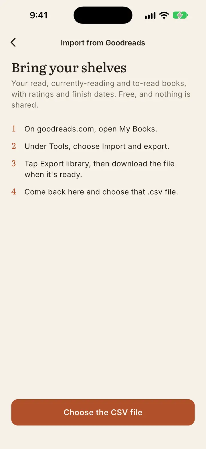 The Goodreads import screen: four steps to export your CSV and a Choose the CSV file button