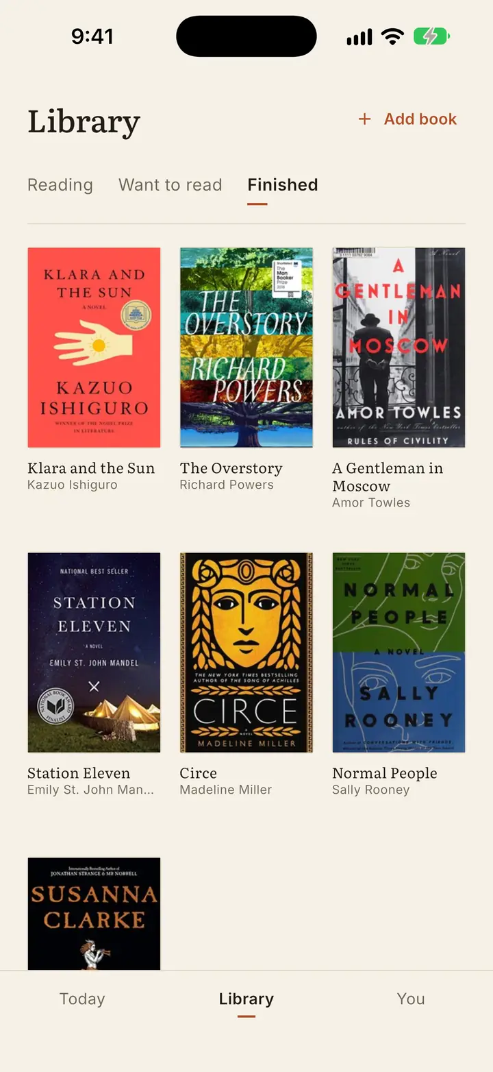 The Library's Finished shelf with covers of Klara and the Sun, Circe, Station Eleven and three more