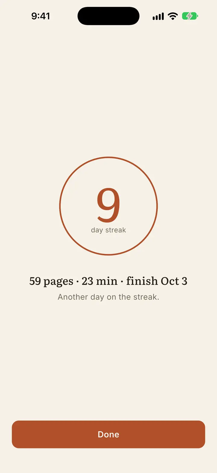 A ring round a 9-day reading streak and the line “Another day on the streak.”